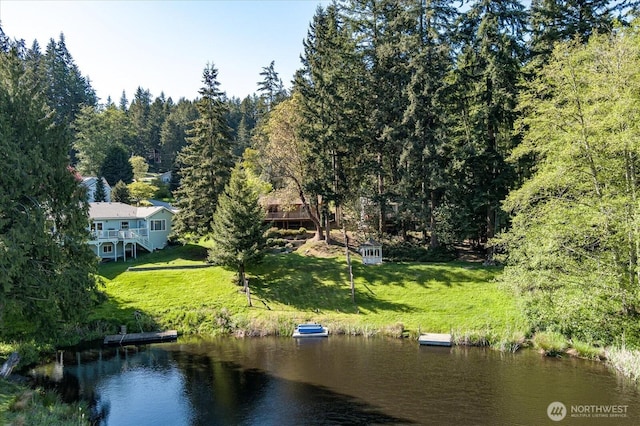 birds eye view of property with a water view and a view of trees