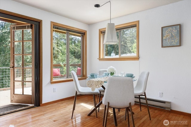 1069 Honeymoon Lake Dr, Greenbank, WA 98253 - dining space with a baseboard radiator, wood-type flooring, and baseboards