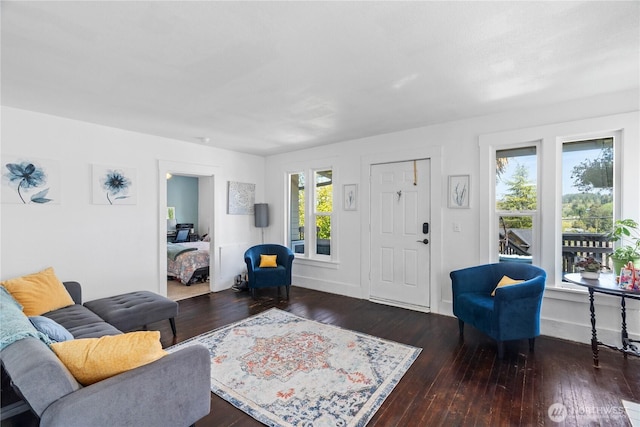 living room featuring hardwood / wood-style flooring and baseboards