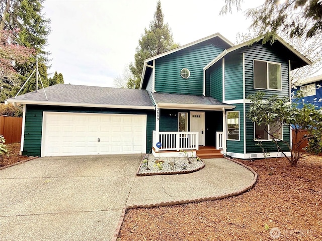 traditional-style home with a porch, concrete driveway, and a garage