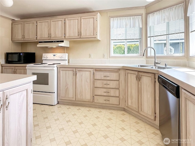 kitchen with electric range, light brown cabinets, under cabinet range hood, and black microwave