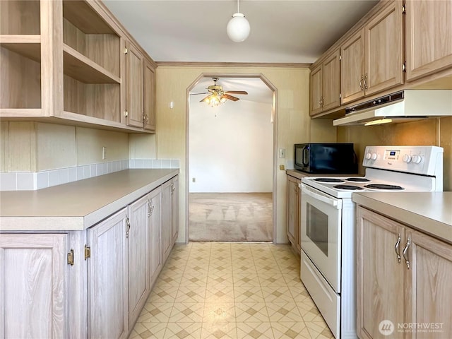 kitchen with electric range, black microwave, under cabinet range hood, a ceiling fan, and light floors