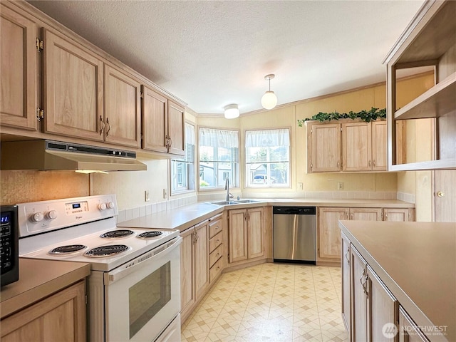 kitchen with electric stove, under cabinet range hood, stainless steel dishwasher, a sink, and light brown cabinetry