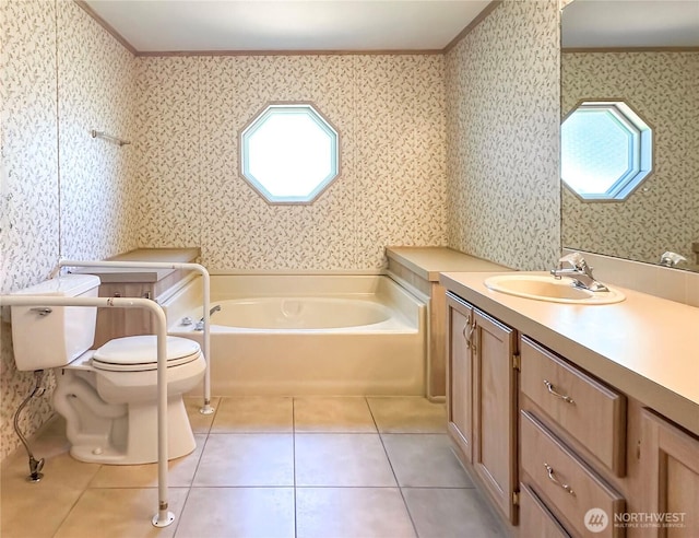 bathroom featuring wallpapered walls, ornamental molding, toilet, tile patterned flooring, and a garden tub