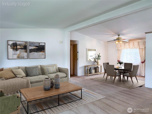 2610 E Section St Unit 120, Mount Vernon, WA 98274 - living area featuring carpet flooring, lofted ceiling, and ceiling fan