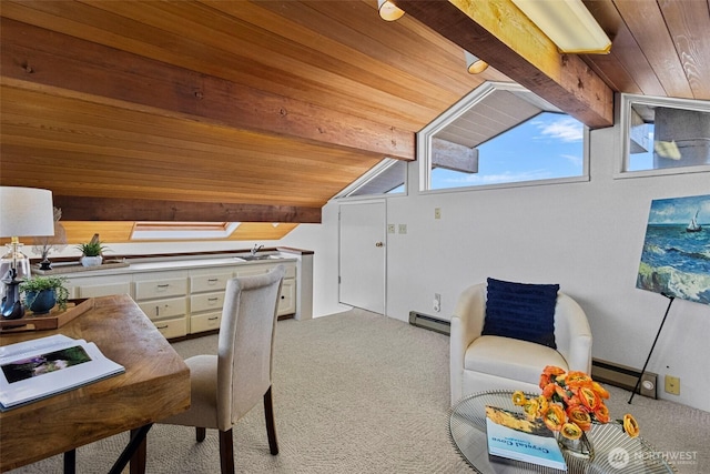 kitchen with white cabinets, baseboard heating, carpet floors, wooden ceiling, and vaulted ceiling with beams