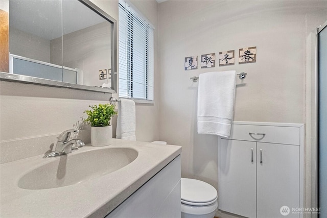 bathroom with vanity, a shower with door, and toilet