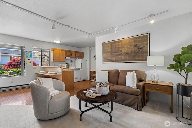 living area featuring track lighting and a baseboard radiator