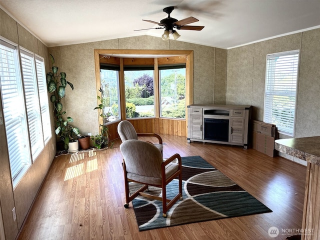 living area with a ceiling fan, wood finished floors, and lofted ceiling