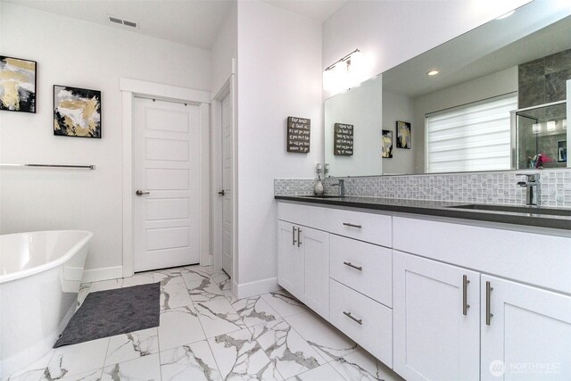 6318 230th Avenue Ct E, Buckley, WA 98321 - bathroom featuring recessed lighting, marble finish floor, visible vents, a sink, and baseboards