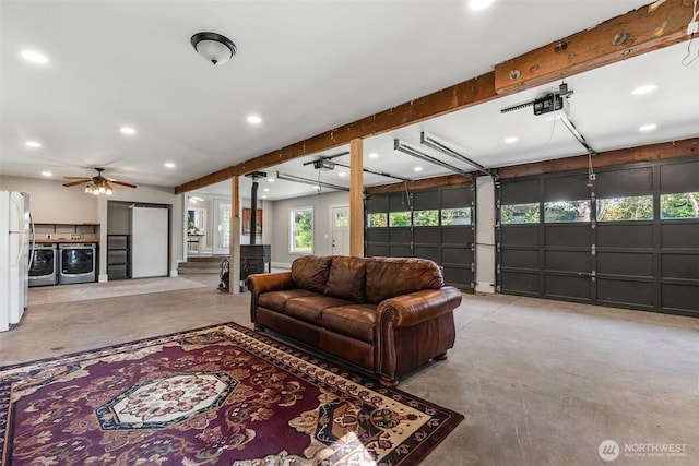 1812 N Pearl St, Centralia, WA 98531 - living room with a ceiling fan, separate washer and dryer, concrete flooring, and recessed lighting
