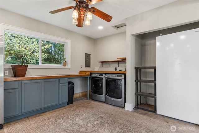 1812 N Pearl St, Centralia, WA 98531 - laundry area featuring recessed lighting, cabinet space, washing machine and dryer, electric panel, and a ceiling fan