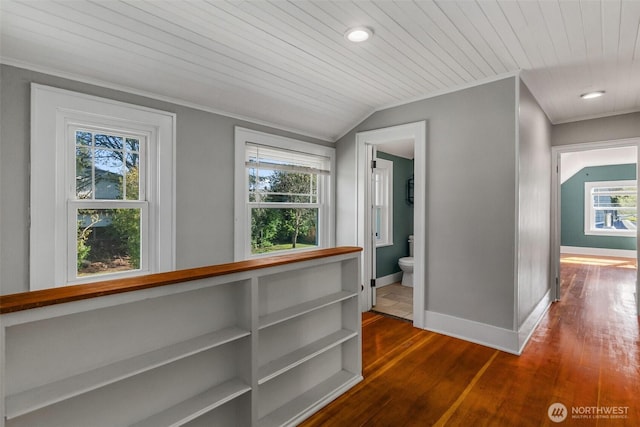 1812 N Pearl St, Centralia, WA 98531 - hallway with wood ceiling, dark wood finished floors, baseboards, and crown molding