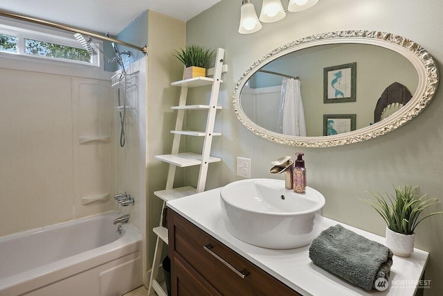 bathroom with vanity and shower / bath combination with curtain
