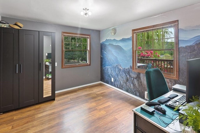 office space with plenty of natural light, baseboards, and wood finished floors