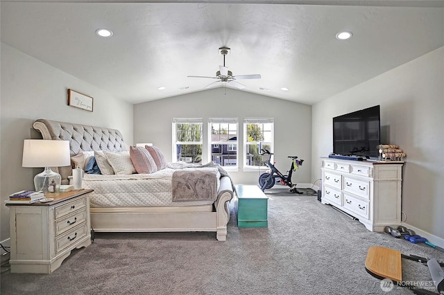 carpeted bedroom with recessed lighting, ceiling fan, vaulted ceiling, and baseboards