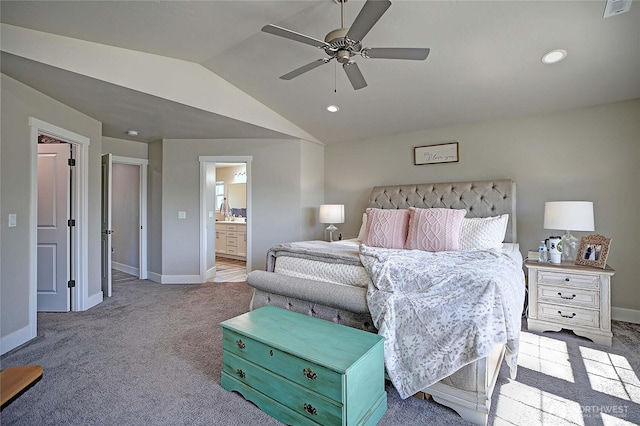 bedroom featuring baseboards, visible vents, carpet, and vaulted ceiling