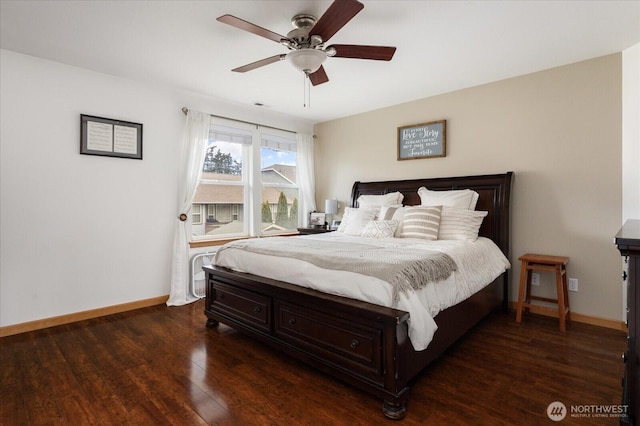 bedroom with baseboards, ceiling fan, and dark wood-type flooring