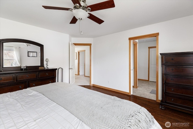 bedroom with baseboards, a ceiling fan, and wood finished floors