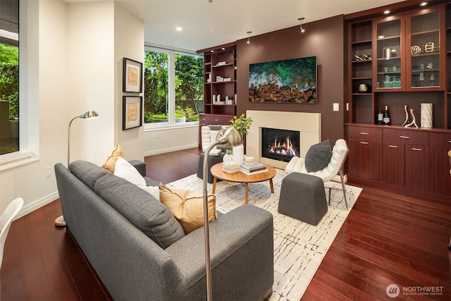 500 106th Ave NE Unit 611, Bellevue, WA 98004 - living room featuring a glass covered fireplace, baseboards, wood-type flooring, and recessed lighting