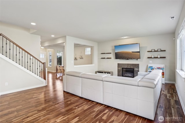 13218 106th Pl NE, Kirkland, WA 98034 - living room with recessed lighting, baseboards, wood finished floors, and stairway