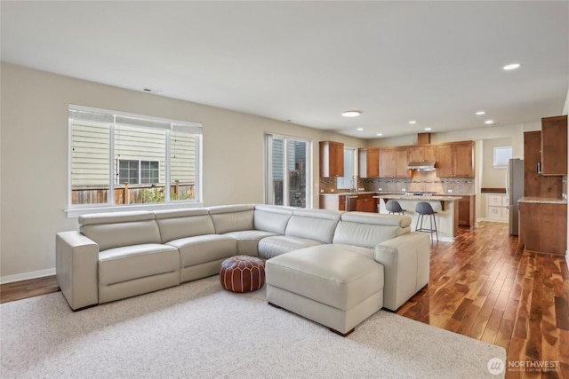 13218 106th Pl NE, Kirkland, WA 98034 - living room featuring baseboards, recessed lighting, wood finished floors, and visible vents