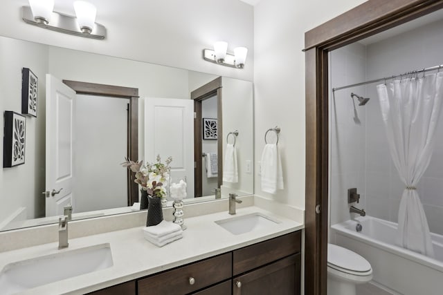 14835 NE 11th Pl, Bellevue, WA 98007 - bathroom featuring toilet, double vanity, and shower / bathtub combination with curtain