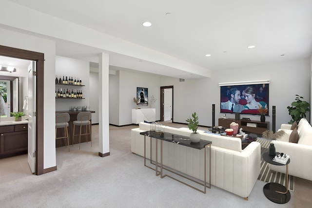 14835 NE 11th Pl, Bellevue, WA 98007 - living room featuring a dry bar, light carpet, recessed lighting, and baseboards