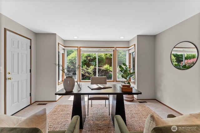 home office with light colored carpet, baseboards, and recessed lighting