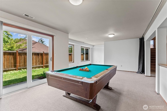 playroom featuring carpet flooring and billiards table