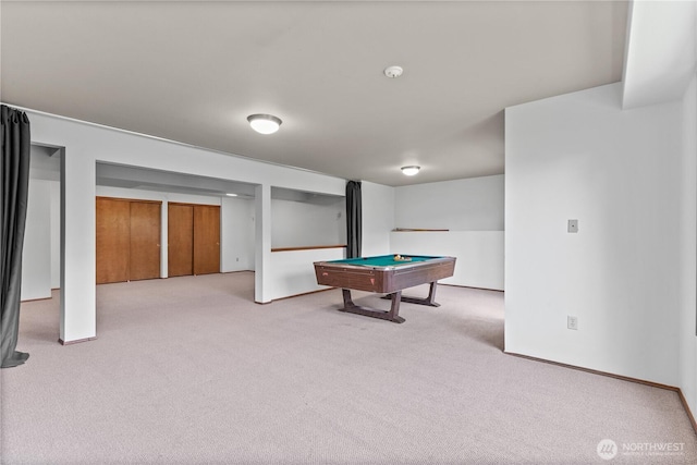 game room with pool table, carpet flooring, and baseboards