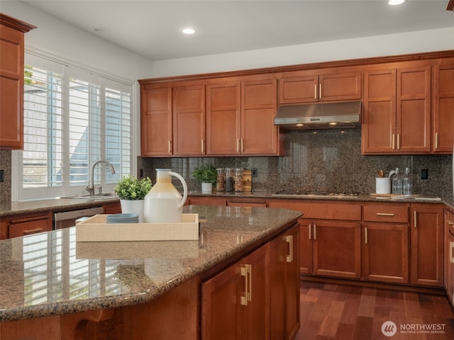 1206 S 36th Pl, Renton, WA 98055 - kitchen featuring under cabinet range hood, appliances with stainless steel finishes, stone counters, backsplash, and brown cabinets