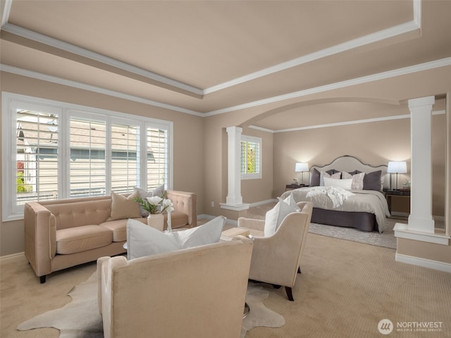 1206 S 36th Pl, Renton, WA 98055 - bedroom featuring ornate columns, light colored carpet, arched walkways, a tray ceiling, and baseboards