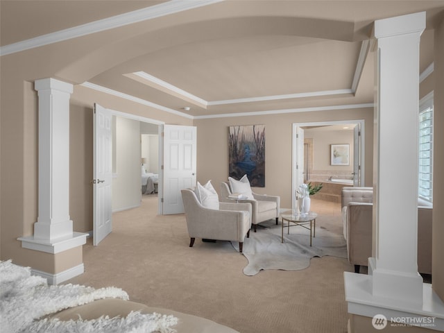 1206 S 36th Pl, Renton, WA 98055 - living room featuring ornate columns, a tray ceiling, light carpet, crown molding, and baseboards