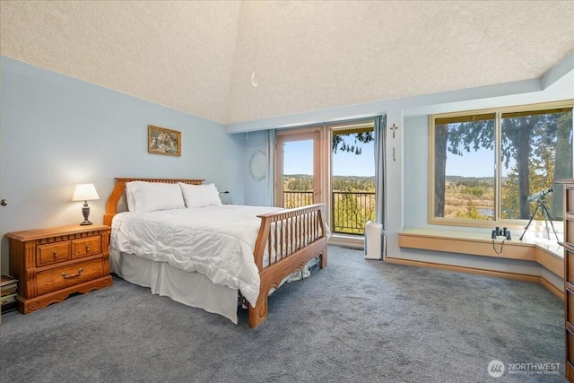 bedroom featuring a textured ceiling, carpet, vaulted ceiling, and access to exterior
