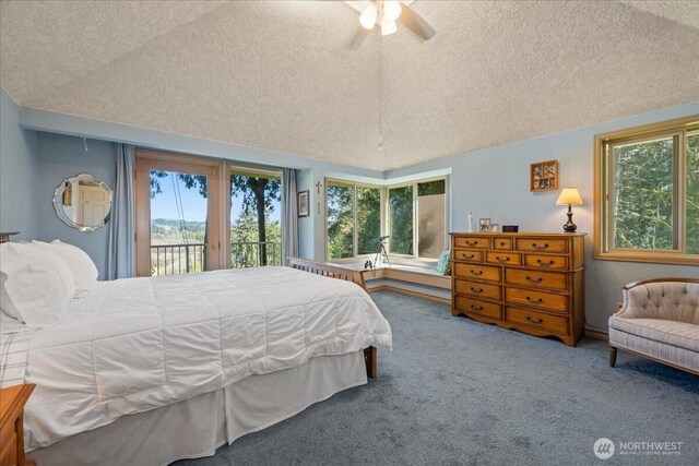bedroom featuring carpet floors, access to outside, a textured ceiling, and vaulted ceiling