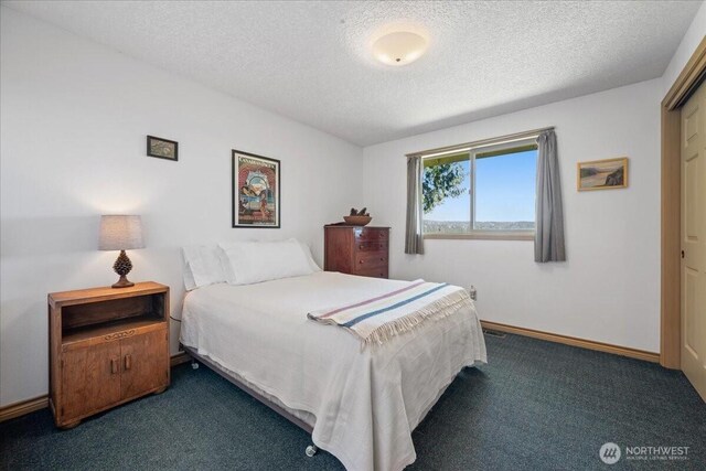 carpeted bedroom featuring baseboards and a textured ceiling