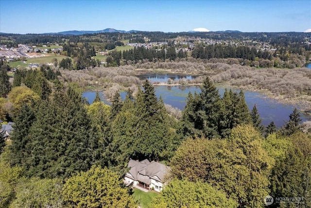 bird's eye view with a wooded view and a water and mountain view