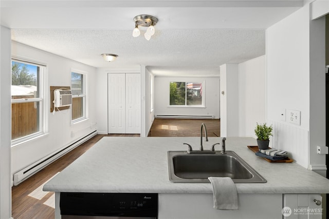 kitchen featuring a sink, baseboard heating, dark wood-type flooring, and dishwasher