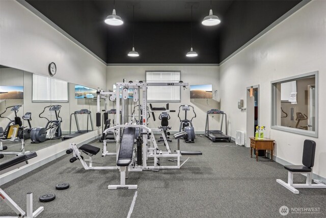 16817 Larch Way Unit B202, Lynnwood, WA 98037 - workout area featuring baseboards and a towering ceiling