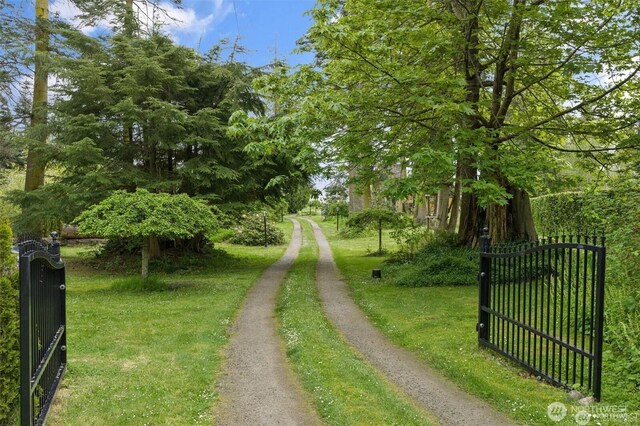 view of dirt / gravel road with a gated entry