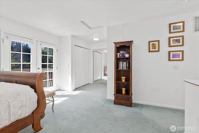 bedroom with carpet flooring, french doors, and baseboards