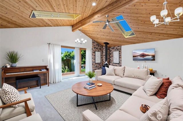604 128th Ave SE, Bellevue, WA 98005 - carpeted living room with a wood stove, wooden ceiling, recessed lighting, vaulted ceiling with beams, and ceiling fan with notable chandelier