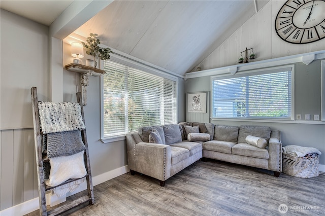 living area featuring lofted ceiling and wood finished floors