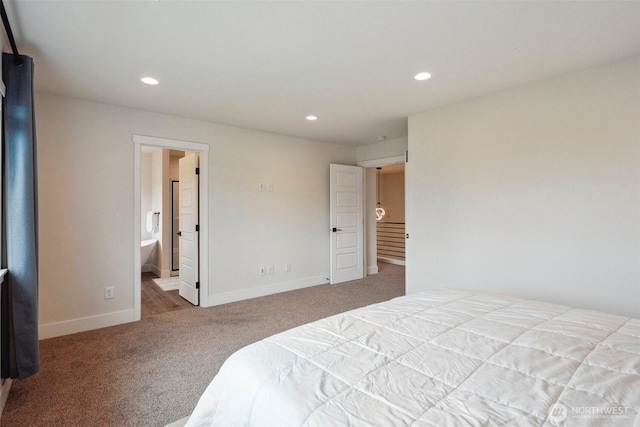 carpeted bedroom featuring recessed lighting and baseboards