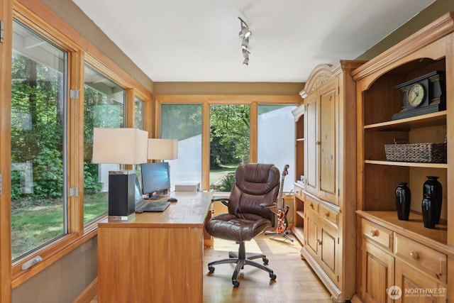 office featuring healthy amount of natural light, light wood-style floors, and track lighting