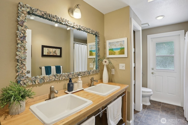 full bath with toilet and double vanity