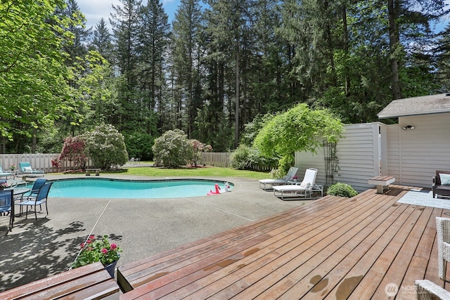 view of pool with a fenced backyard, a patio area, and a wooden deck