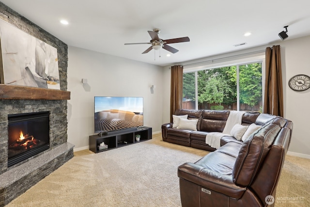 25510 SE 275th Pl, Maple Valley, WA 98038 - living area featuring a ceiling fan, carpet, a fireplace, recessed lighting, and baseboards