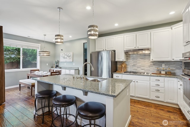 25510 SE 275th Pl, Maple Valley, WA 98038 - kitchen featuring stainless steel appliances, a sink, under cabinet range hood, white cabinets, and decorative backsplash